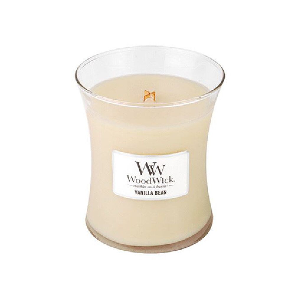 Sanduhrförmige Kerze ohne Deckel. Aufschrift: WoodWick, Vanilla Bean.