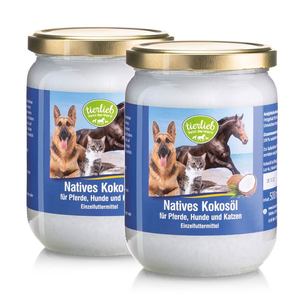 Zwei Gläser Natives Kokosöl für Pferde, Hunde und Katzen. Etikett mit Tierabbildungen und Produktbezeichnung.