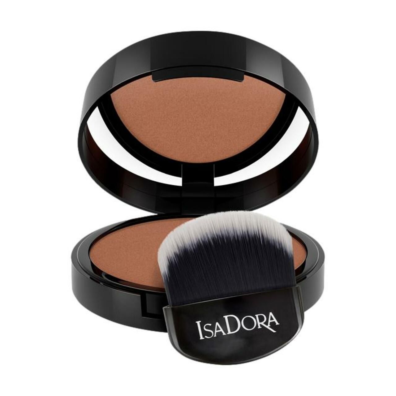 Offener, schwarzer IsaDora Cream Blush-Behälter mit Puder und Pinsel. Der Pinsel ist schwarz-weiß. Auf dem Pinsel steht IsaDora.