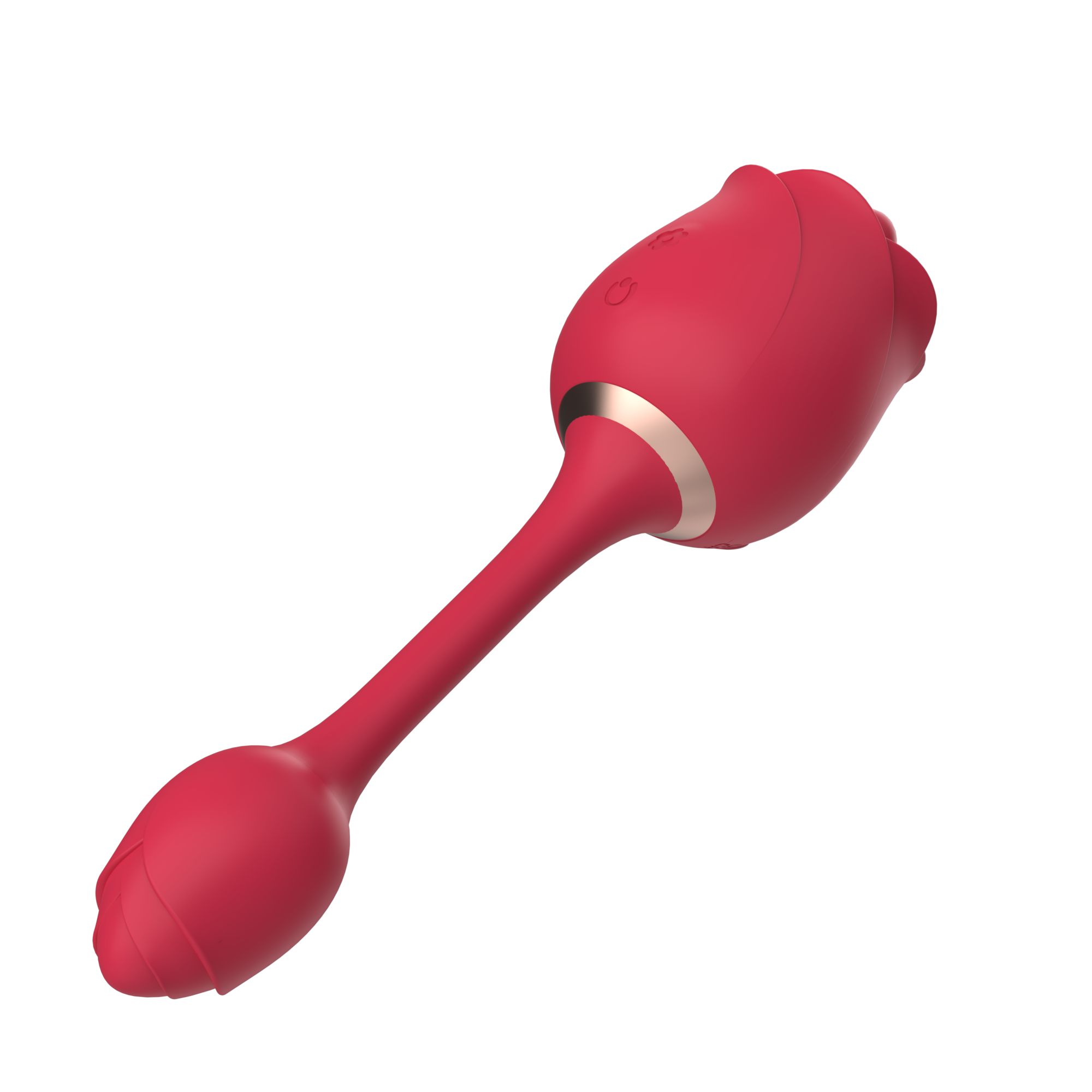 Roter, rosenförmiger Vibrator mit Stiel und Blütenknospe. Goldfarbener Ring am Übergang. Schräg.