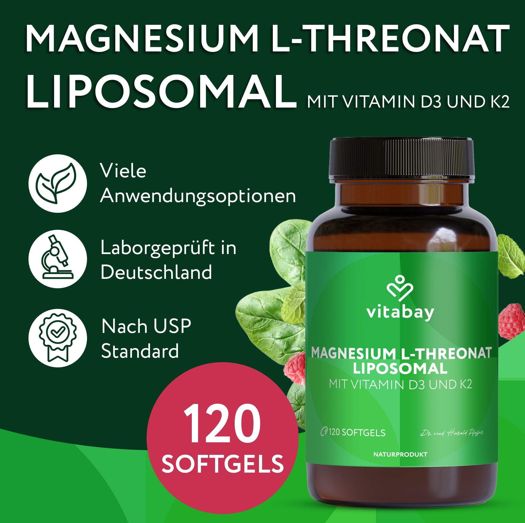 Braune Flasche mit grünem Etikett. Aufschrift: Magnesium L-Threonat Liposomal, Vitamin D3 und K2. 120 Softgels. Blätter.