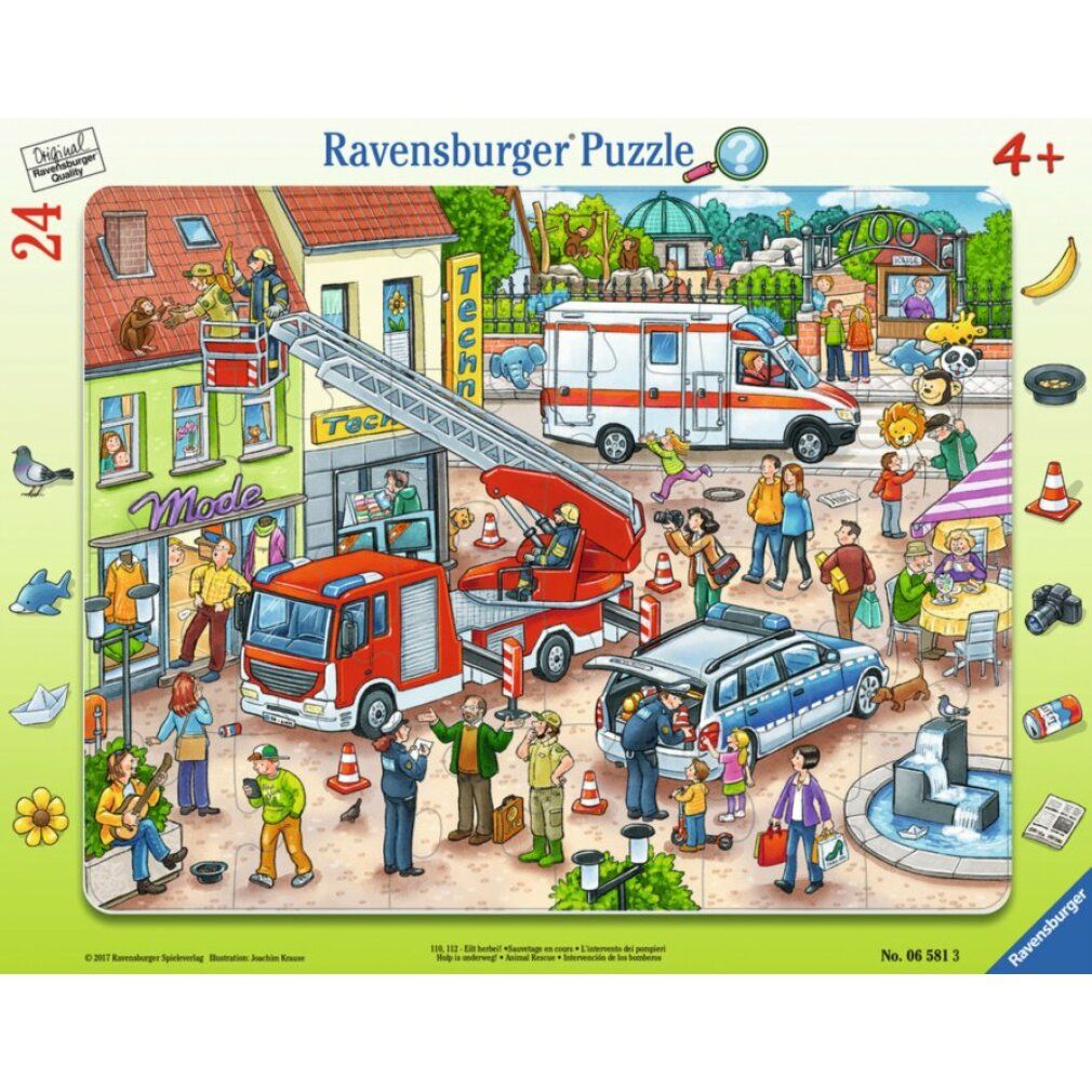 Rahmenpuzzle mit Stadtmotiv. Feuerwehr, Krankenwagen, Polizei und Menschen. 24 Teile, ab 4 Jahren. Ravensburger Puzzle.