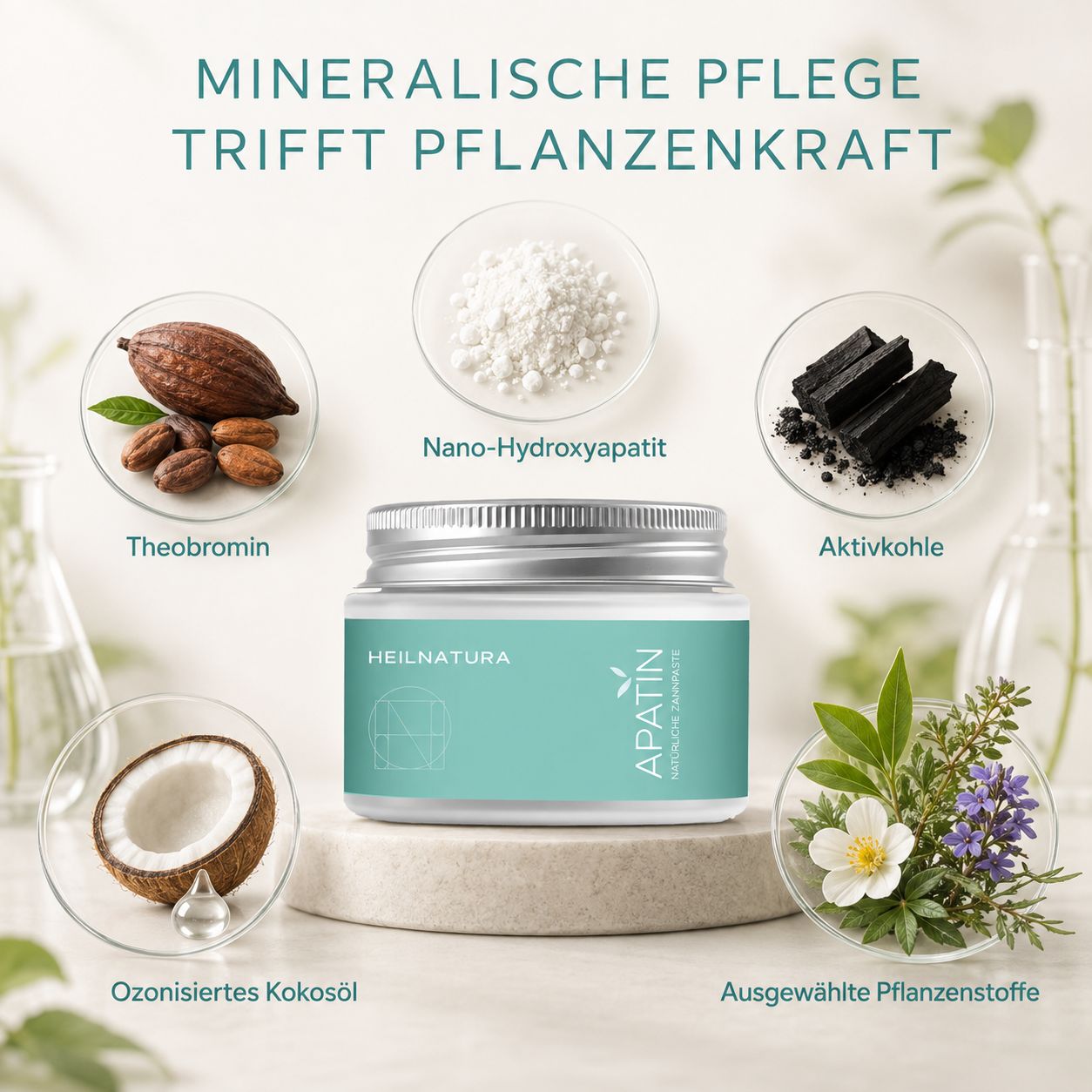 Inhaltsstoffe der Heilnatura Zahnpasta: Nano-Hydroxyapatit, Theobromin, Aktivkohle, Kokosöl, Pflanzenstoffe.