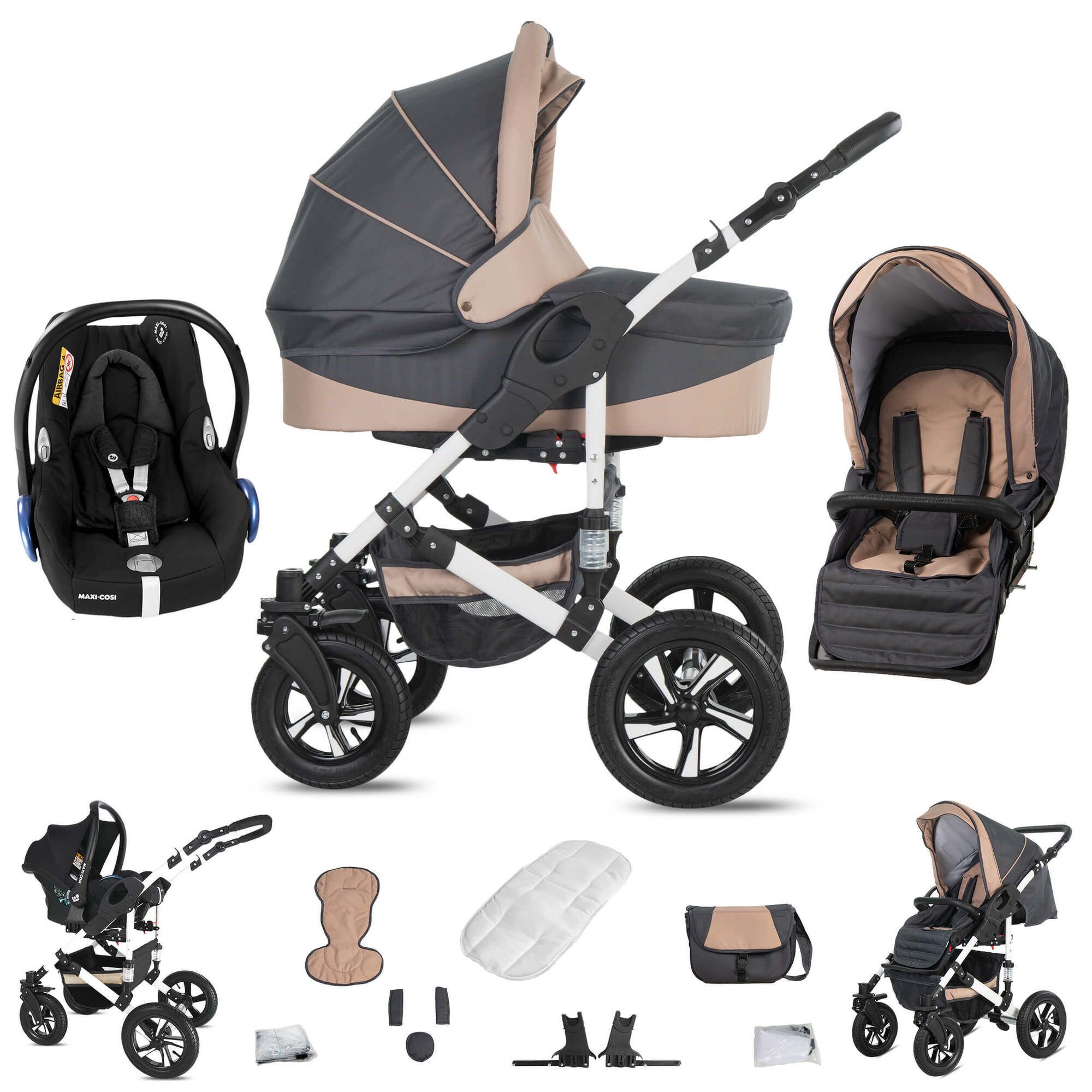 Friedrich Hugo Hamburg 3 in 1 Kinderwagen mit Original Maxi Cosi, Luft Grey & Beige