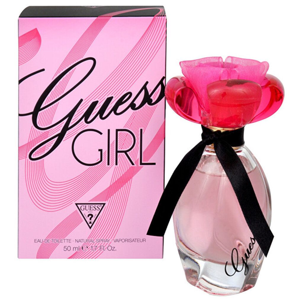 Rosa Flakon mit schwarzer Schleife und rosafarbenem Deckel. Rosa Schachtel mit Schriftzug "Guess Girl".