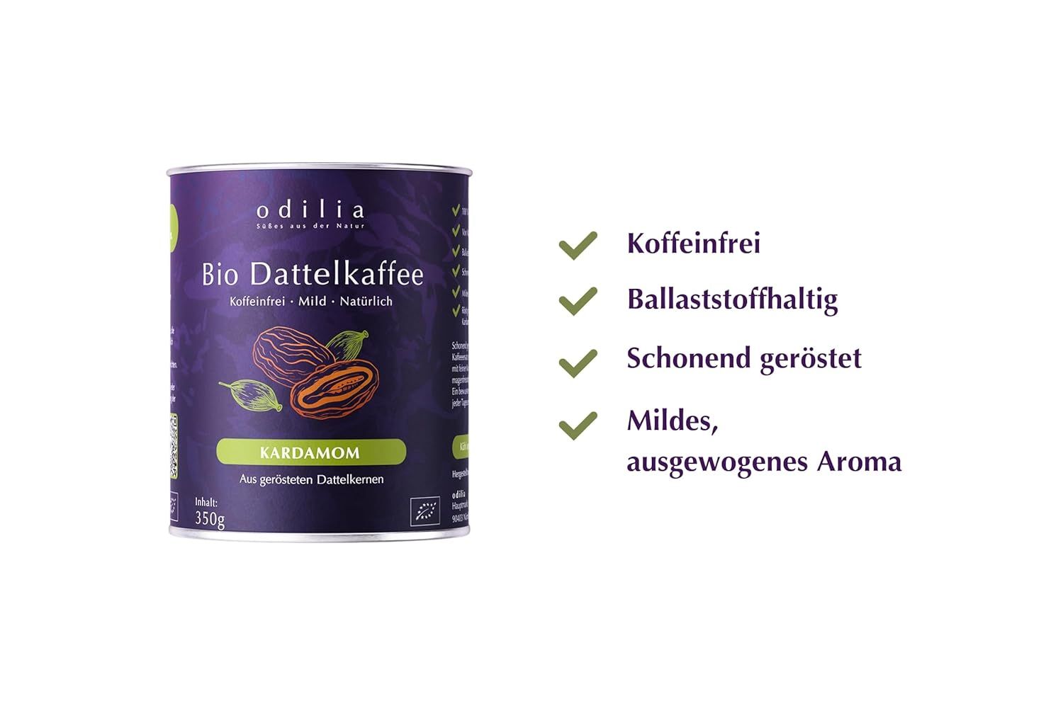 Dose Odilia Bio Dattelkaffee mit Kardamom. Koffeinfrei, ballaststoffreich, schonend geröstet, mildes Aroma.