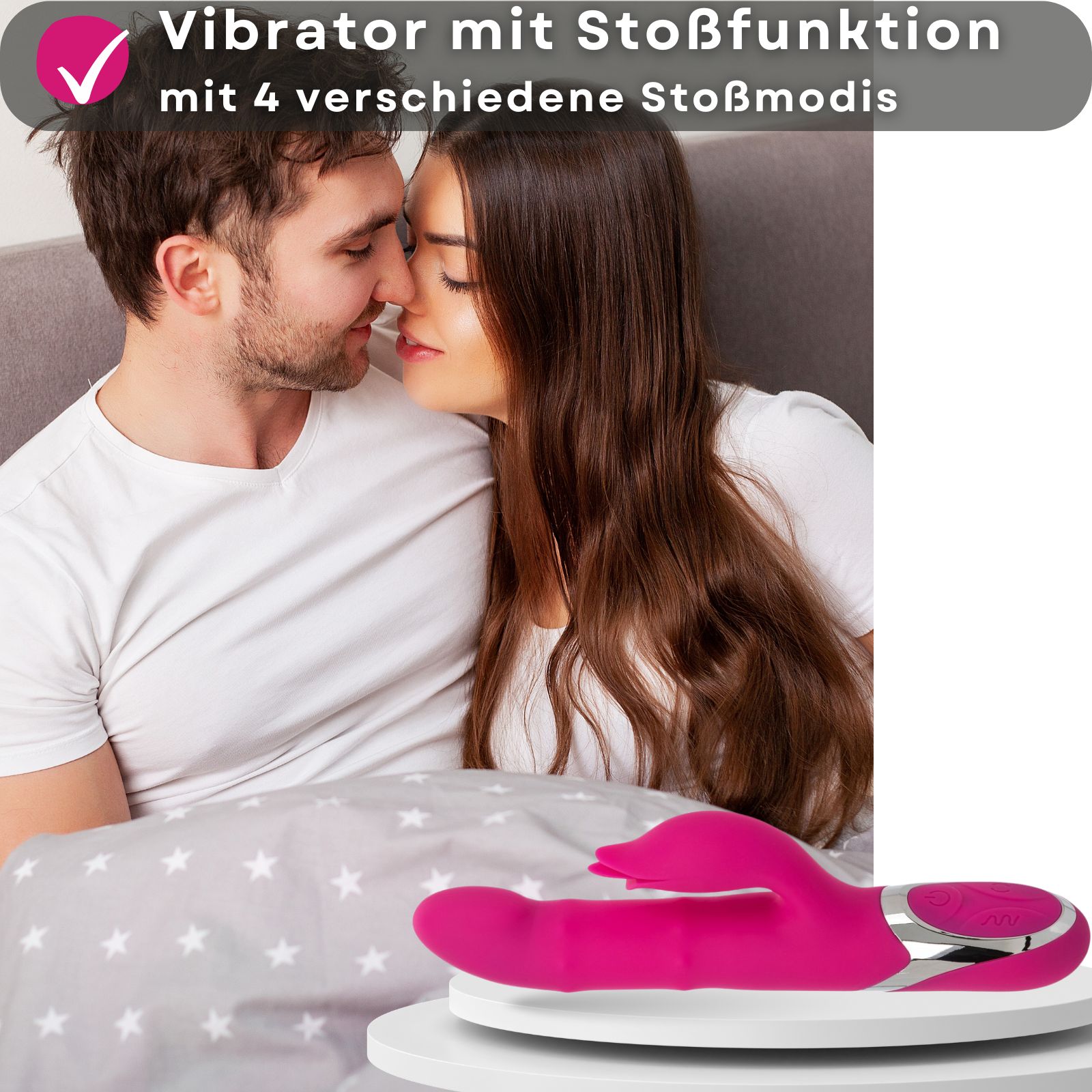 Pinkfarbener Vibrator mit Stoßfunktion. Mit 4 Stoßmodi. Auf weißer Oberfläche.