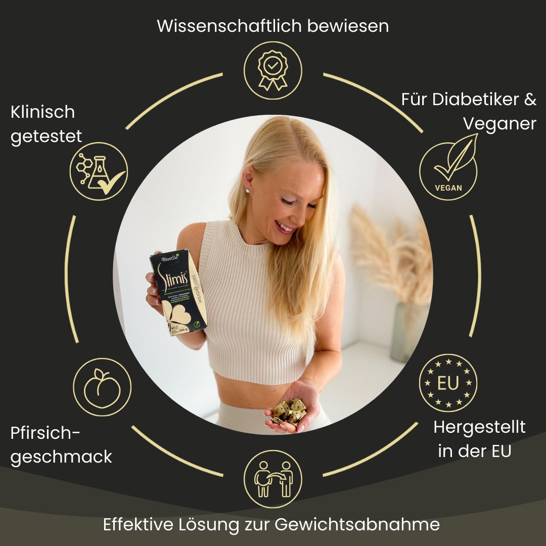 Frau hält "Biostile Slimis" Packung und Süßigkeiten. Wissenschaftlich bewiesen. Für Diabetiker & Veganer. EU-Siegel.