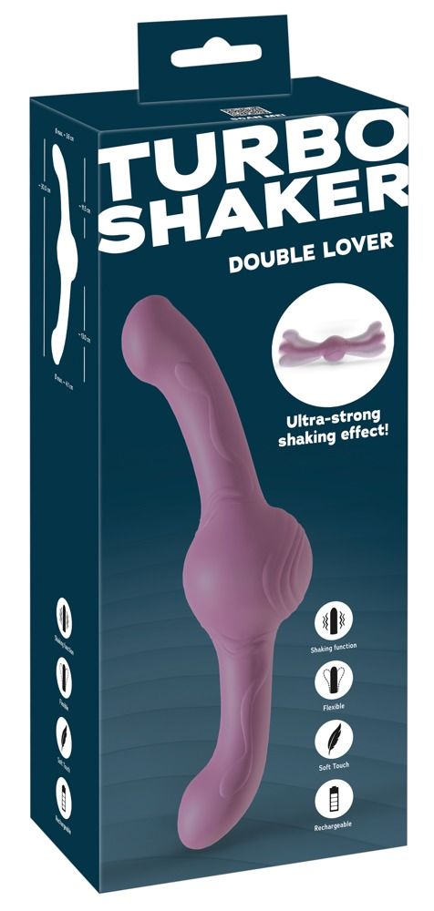 Verpackung für "Turbo Shaker Double Lover". Enthält einen rosa Vibrator, der auf der Verpackung abgebildet ist.