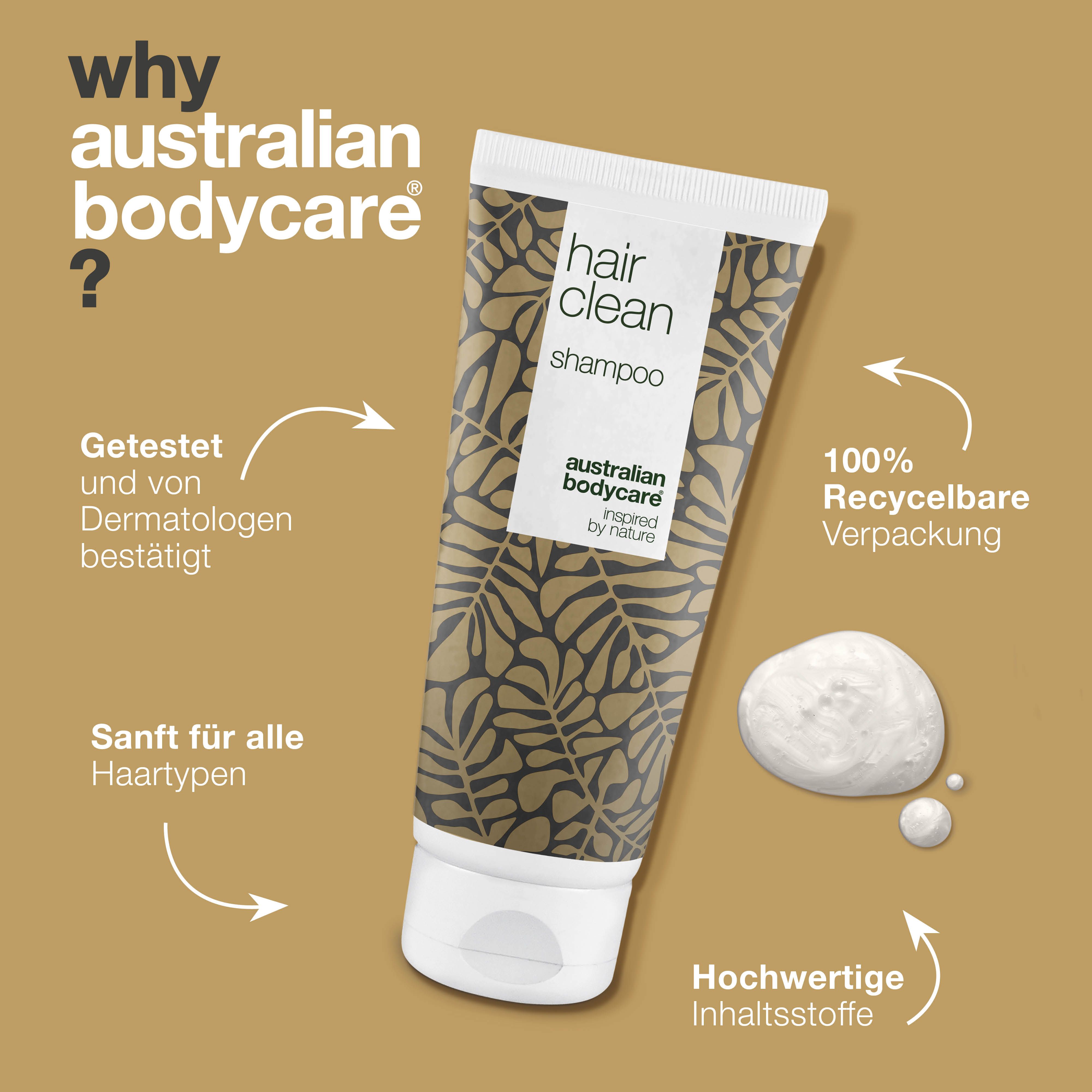 Tuben-Produkt. Aufschrift: hair clean shampoo, australian bodycare.