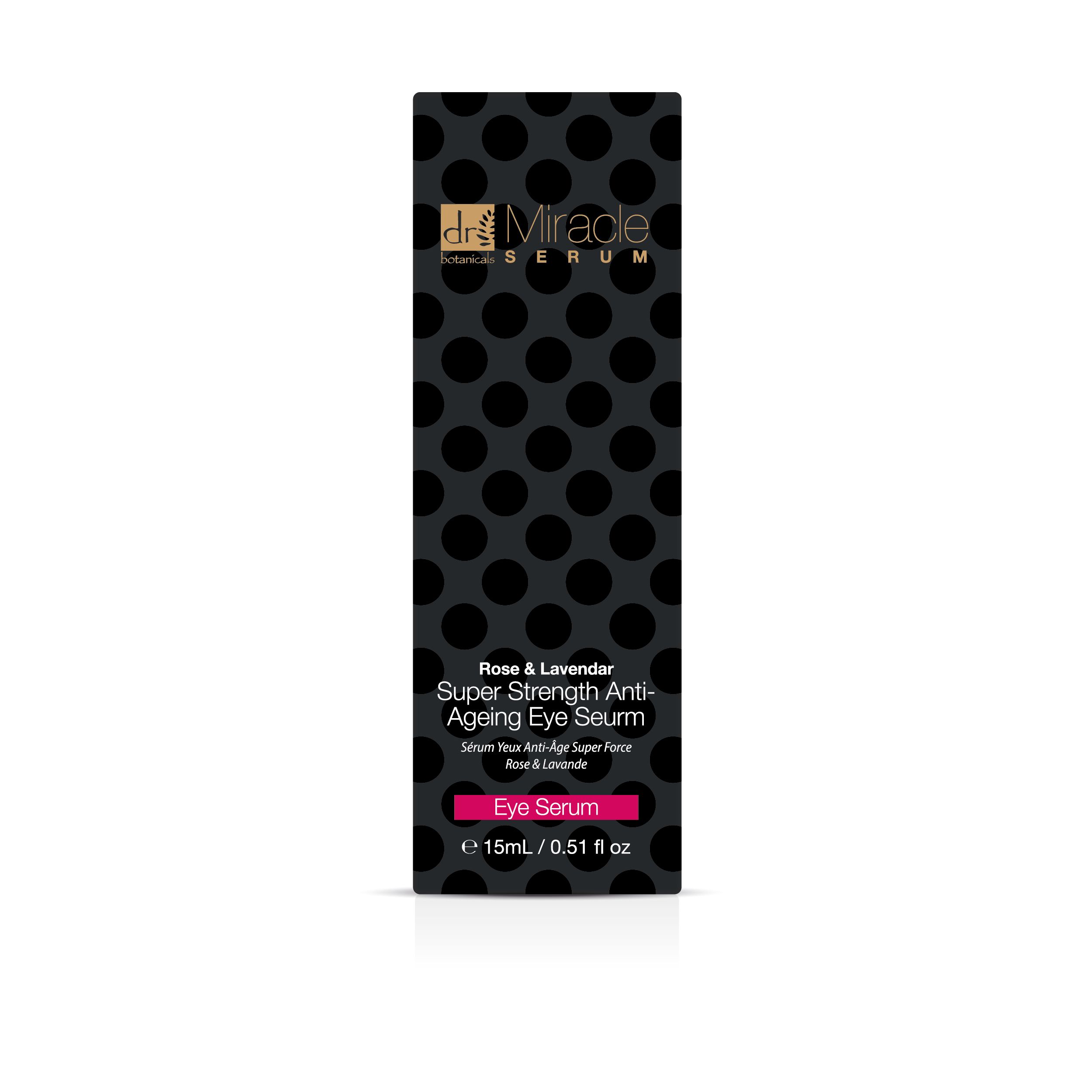 Produktverpackung. Schwarzer Hintergrund mit weißen Punkten. Text: Rose & Lavendar Super Strength Anti-Ageing Eye Seurm.