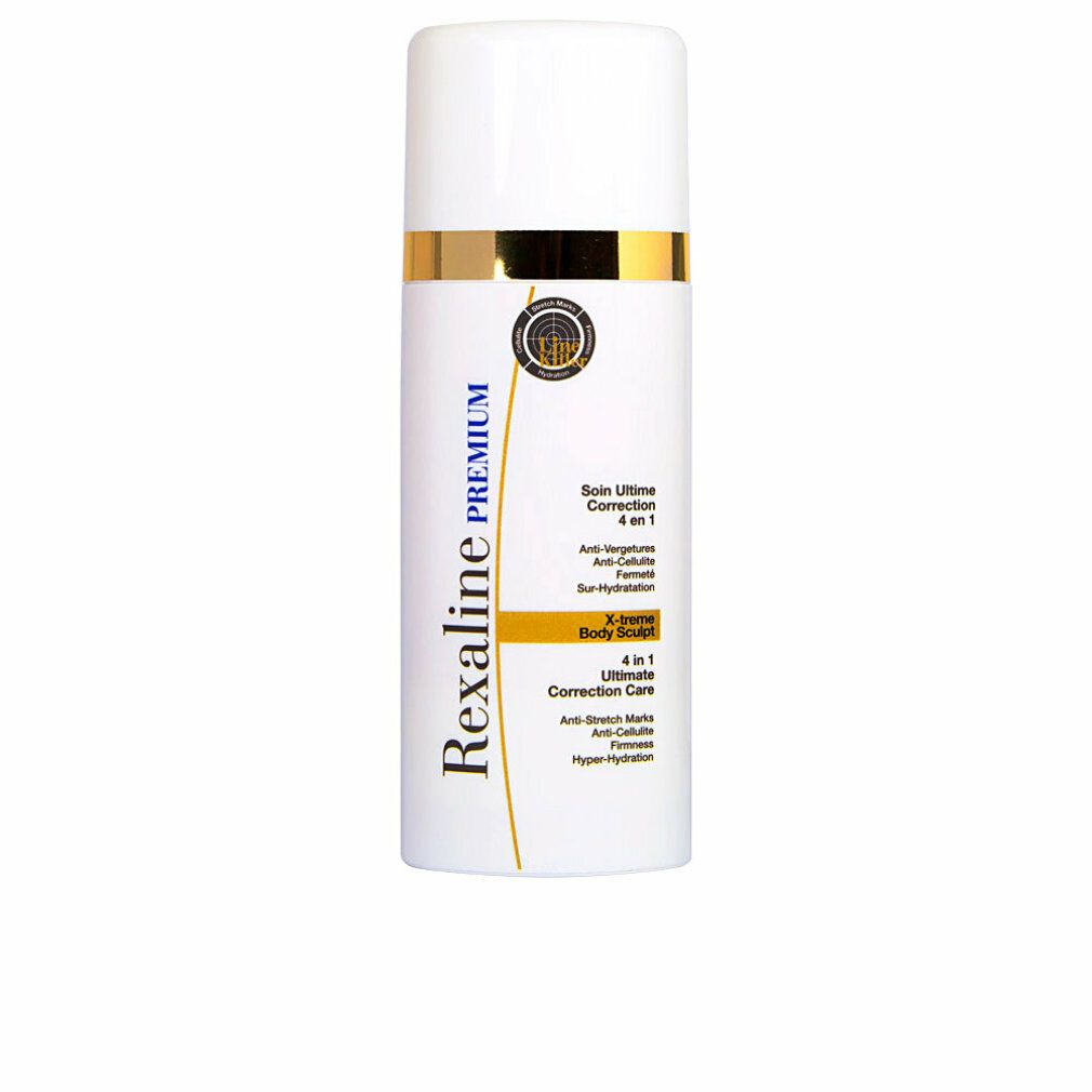 Weißer Zylinder mit goldenem Ring und Deckel. Text: Rexaline Premium, 4 in 1 Ultimate Correction Care, Anti-Dehnungsstreifen, Anti-Cellulite.