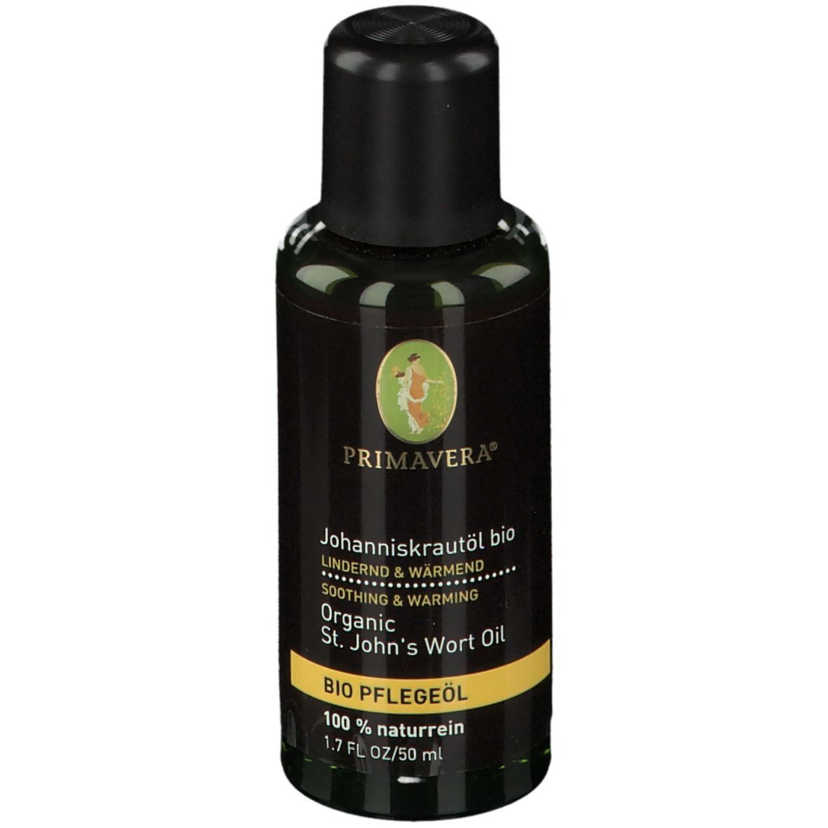 Dunkelgrüne Flasche mit schwarzem Deckel. Etikett mit PRIMAVERA® Logo und Produktbezeichnung Johanniskrautöl bio. Text: 100% naturrein.