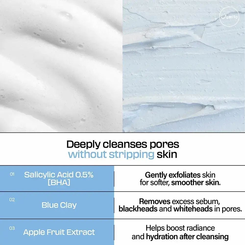 Zwei Hälften: Schaum und blaue Paste. Text: Salicylsäure, blaue Tonerde, Apfelfruchtextrakt. Text: Tiefenreinigung der Poren.