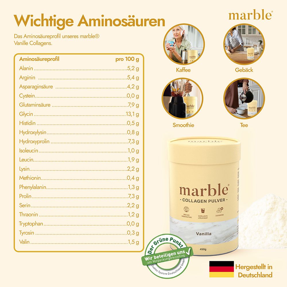 Aminosäureprofil, Dose "marble" Collagen Pulver, Kaffee, Smoothie, Tee. Hergestellt in Deutschland. Grüne Punkte.