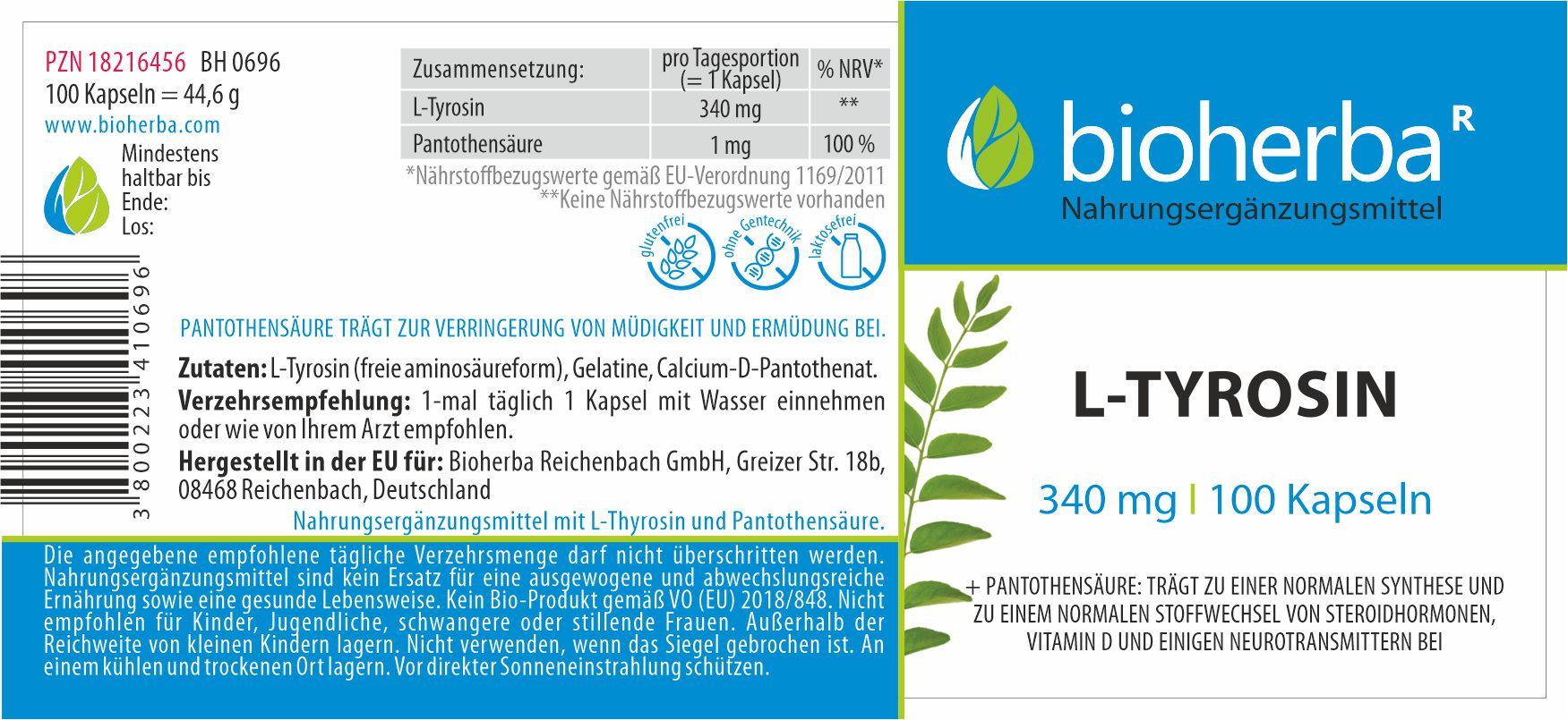 Etikett mit Produktinformationen. Enthält L-Tyrosin, 340 mg, 100 Kapseln. Marke: Bioherba. Text in Deutsch.