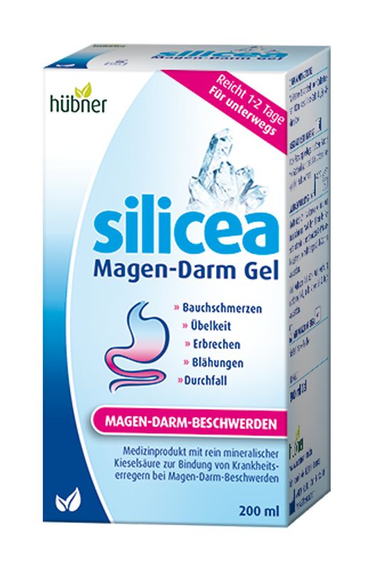 Verpackung von Hübner Silicea Magen-Darm Gel. Enthält Informationen zu Bauchschmerzen, Übelkeit, Erbrechen, Blähungen und Durchfall.