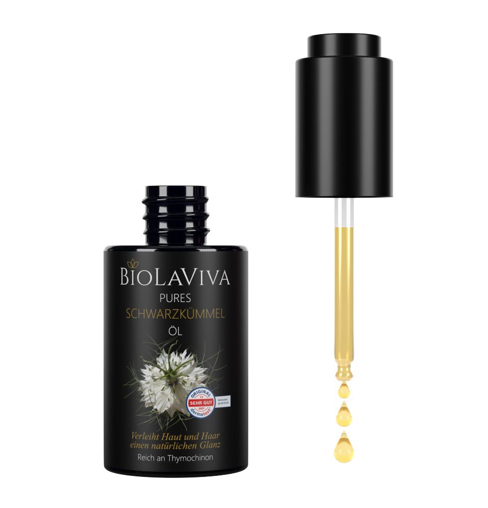 Schwarze Flasche mit Pipette. Logo: BIOLAVIVA. Text: PURES SCHWARZKÜMMEL ÖL. Tropfen Öl fallen aus der Pipette.
