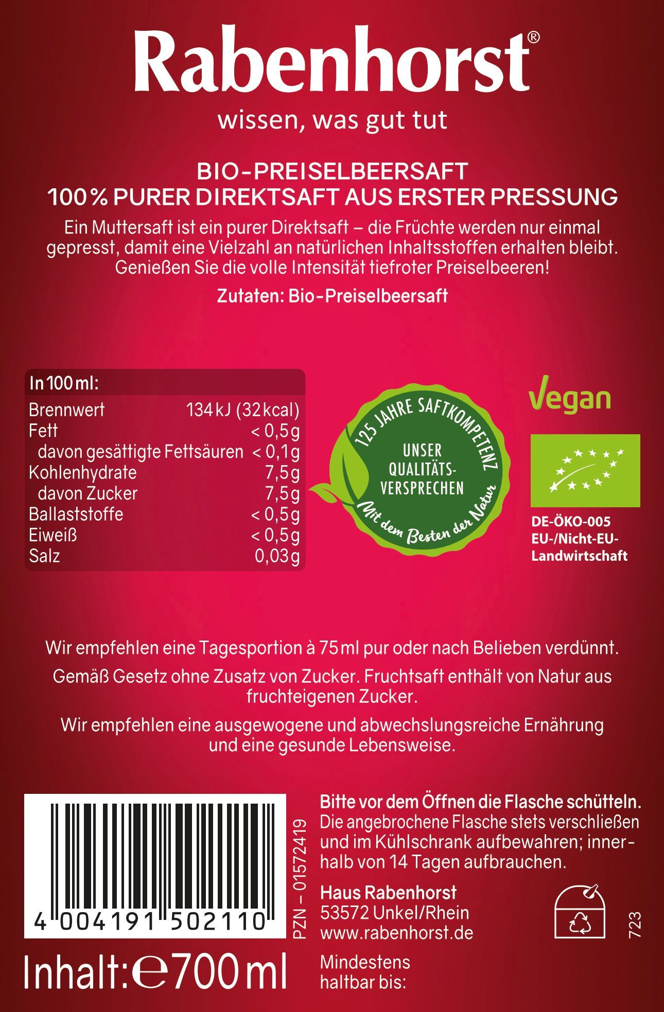 Rabenhorst Preiselbeere Muttersaft BIO 6x700 ml Saft