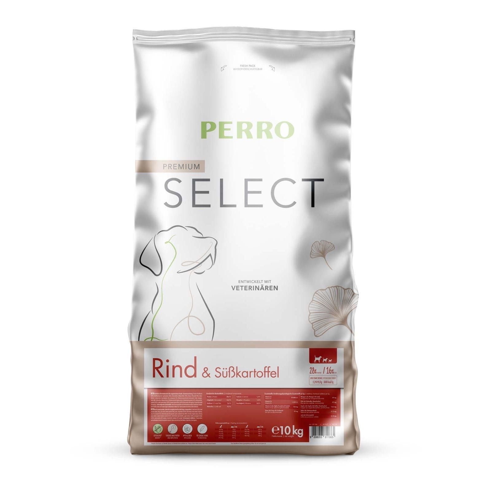 Hundefutterbeutel mit Aufschrift PERRO SELECT. Enthält Rind & Süßkartoffel. 10 kg. Mit Illustration eines Hundes.