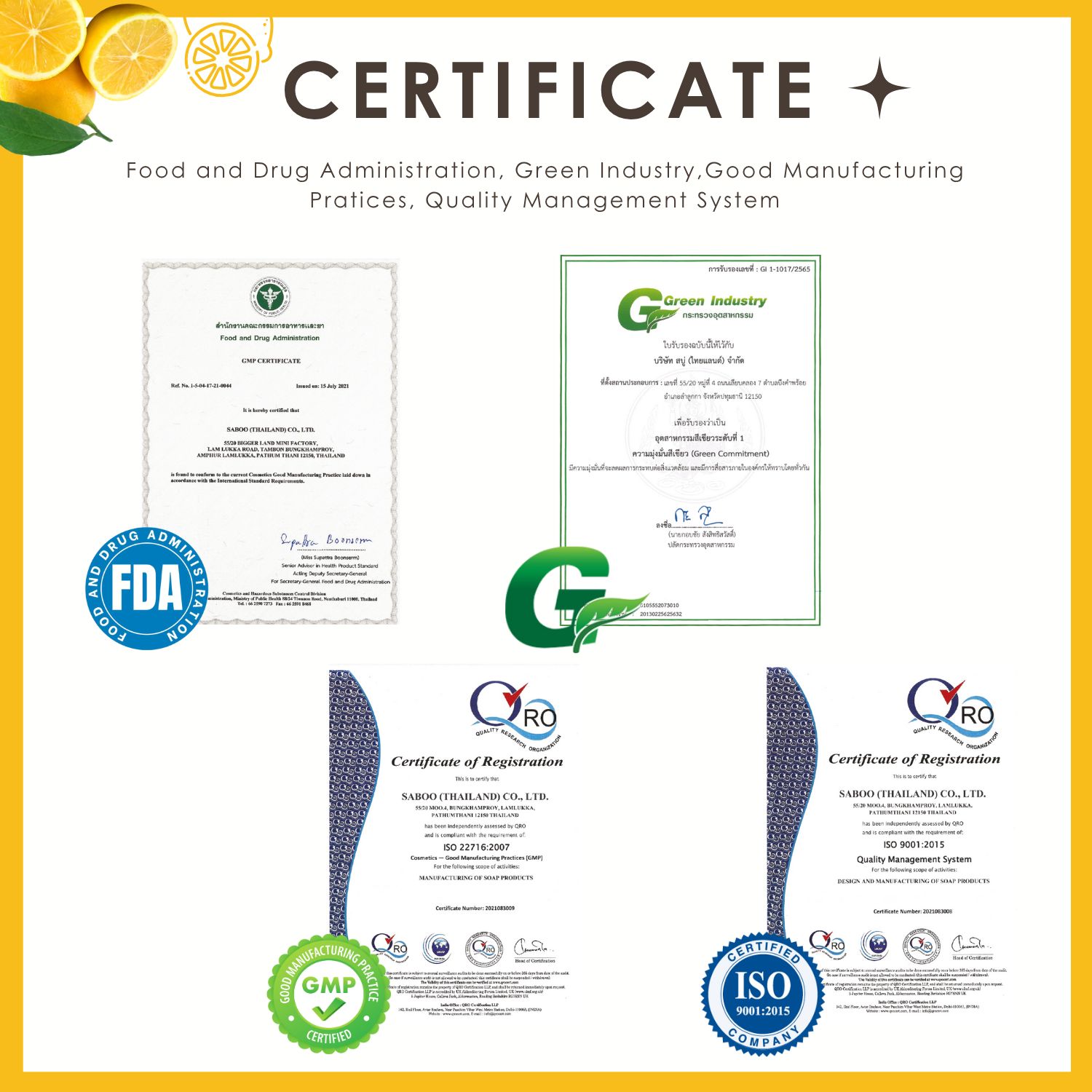 Zertifikate: FDA, Green Industry, GMP, ISO 9001. Qualitätssiegel für Produkte.