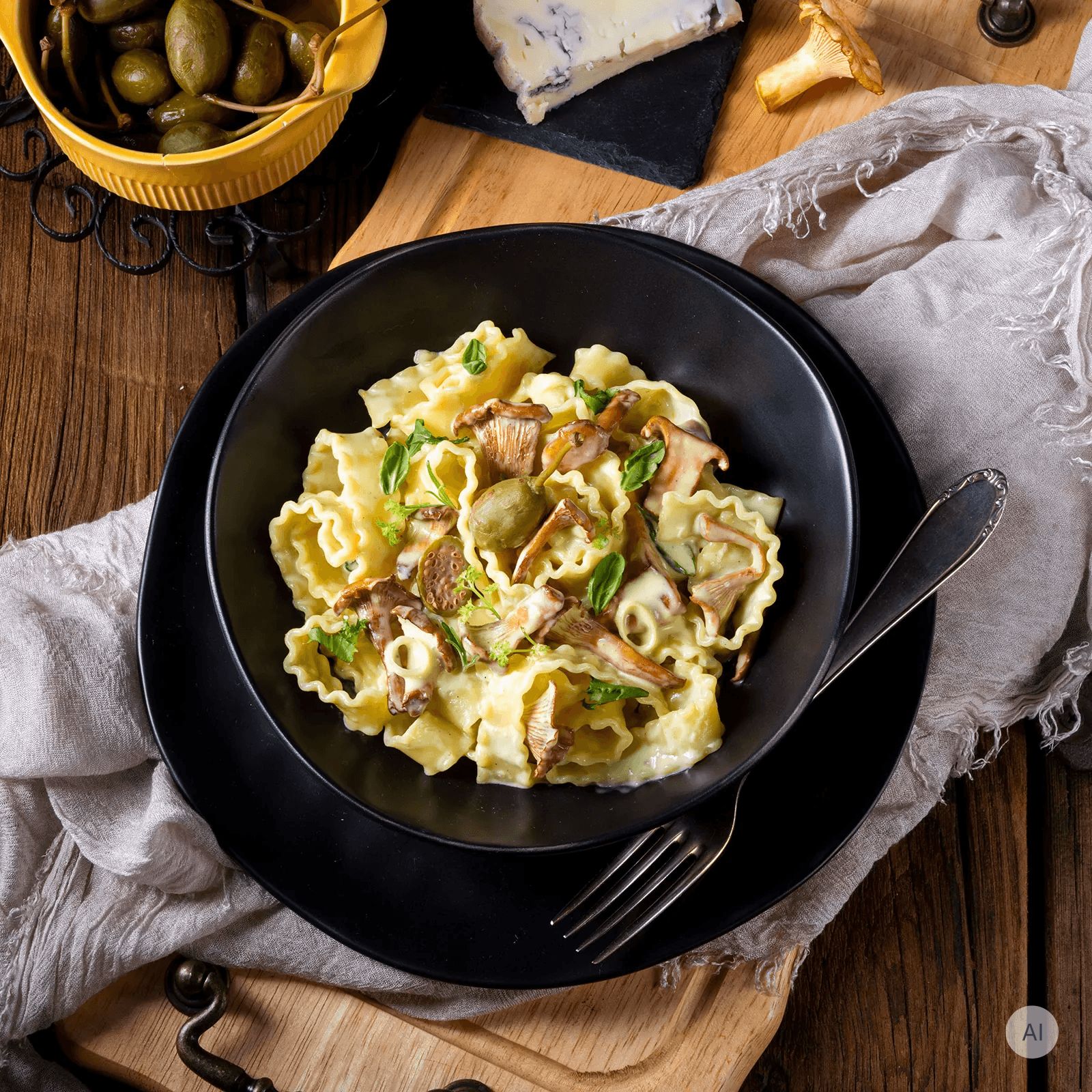 Eine Schüssel Mafaldine Pasta mit Pilzen und Kräutern, serviert auf einem Holztisch.