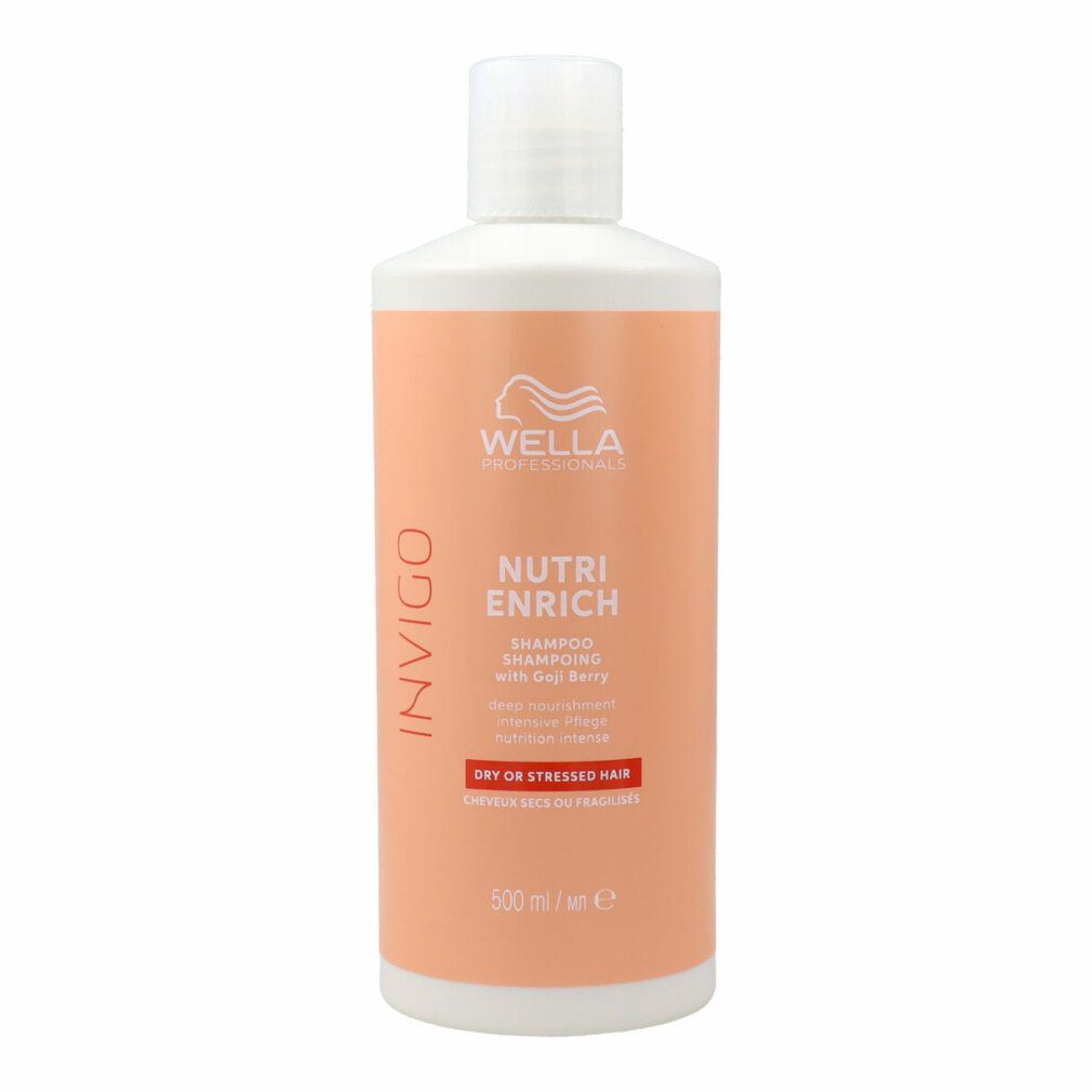 Flasche Shampoo. Marke Wella, Invigo Nutri Enrich. Für trockenes oder strapaziertes Haar. Mit Goji-Beere. 500 ml.