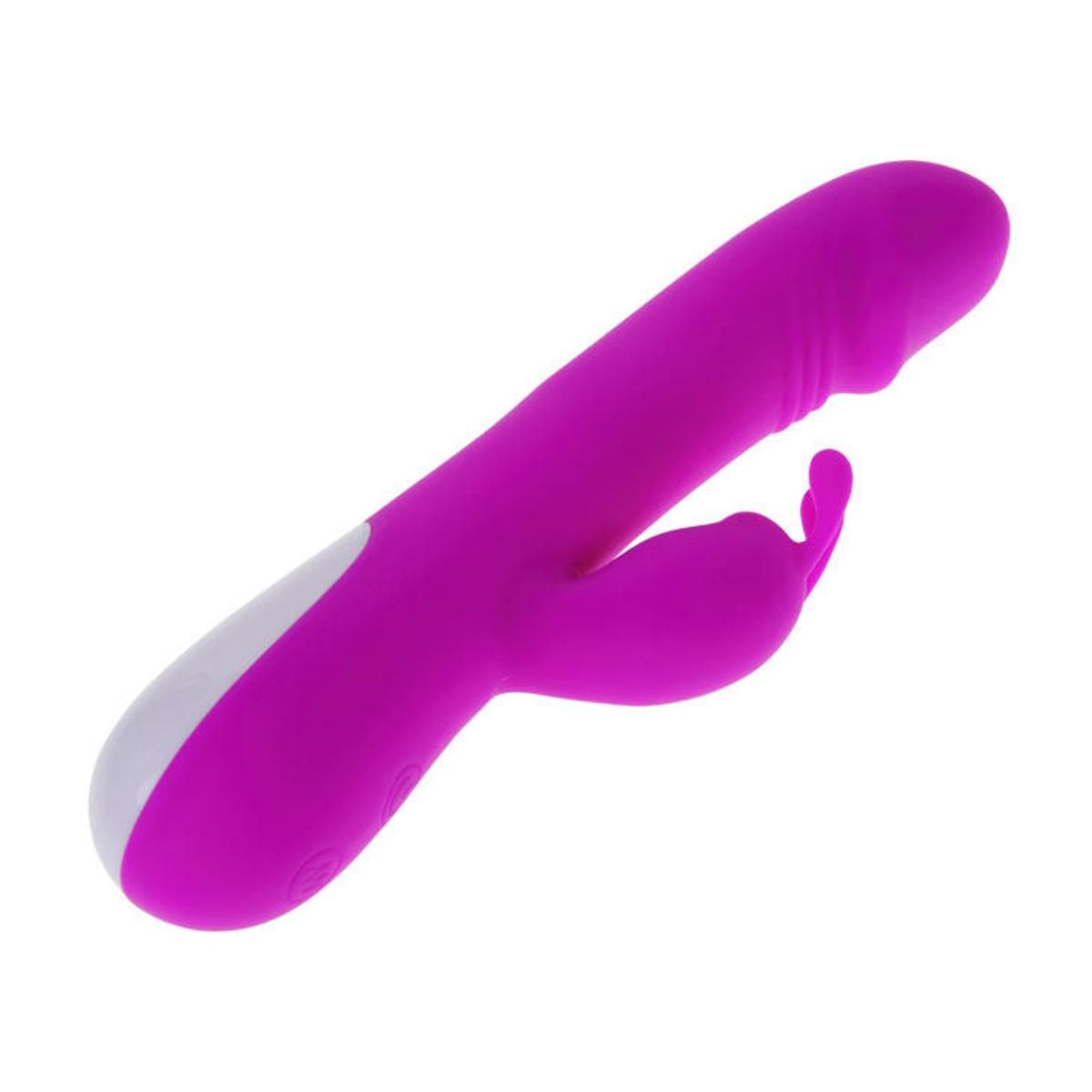 Lila Vibrator mit Hasenohren-Design. Weißer Akzent am unteren Ende. Perspektivische Ansicht.