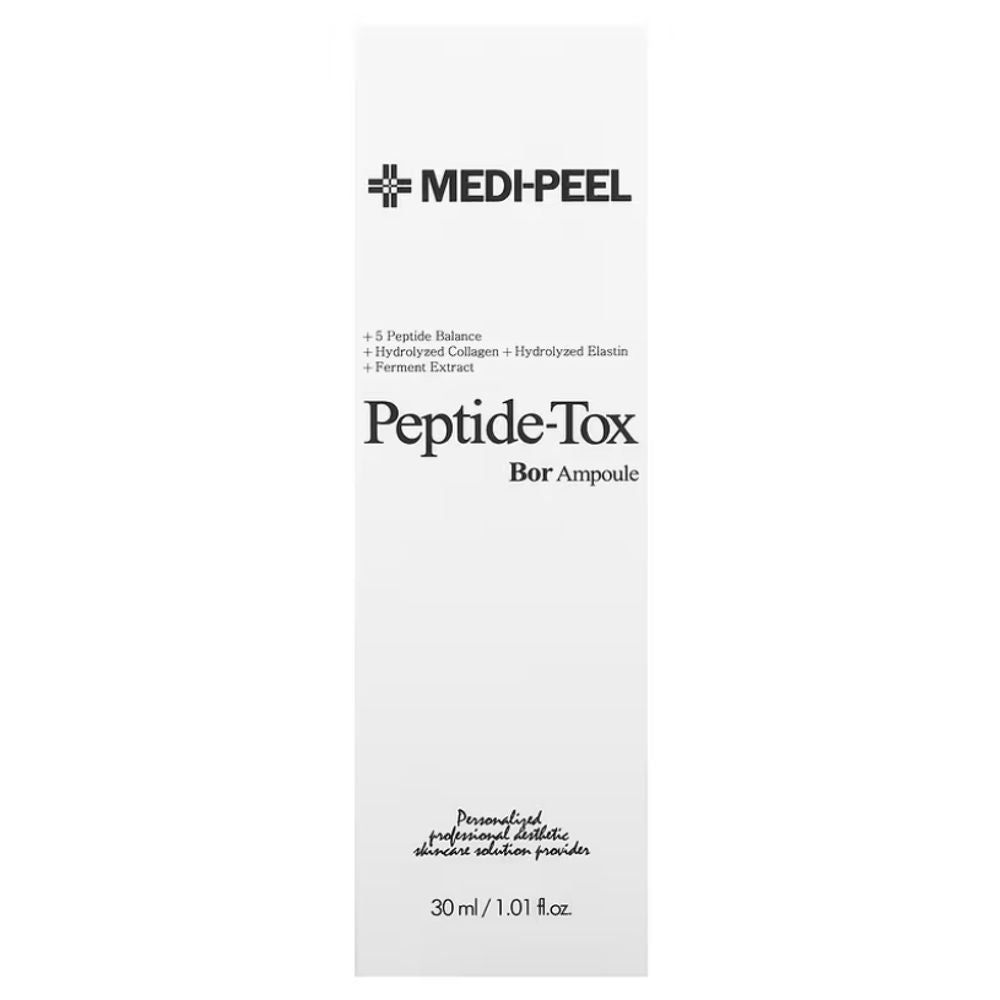 Weiße Verpackung mit Produktnamen und Logo. Text: Peptide-Tox Bor Ampoule. Marke: Medi-Peel.