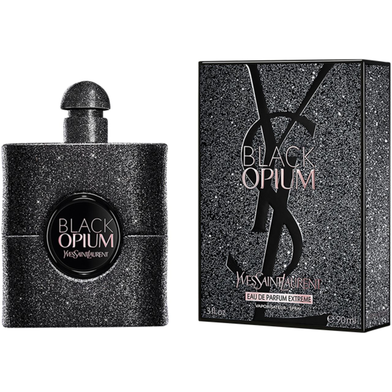 Schwarzer Flakon und Verpackung von Yves Saint Laurent Black Opium Extreme EdP. Flakon mit Glitzer, Verpackung mit Logo.