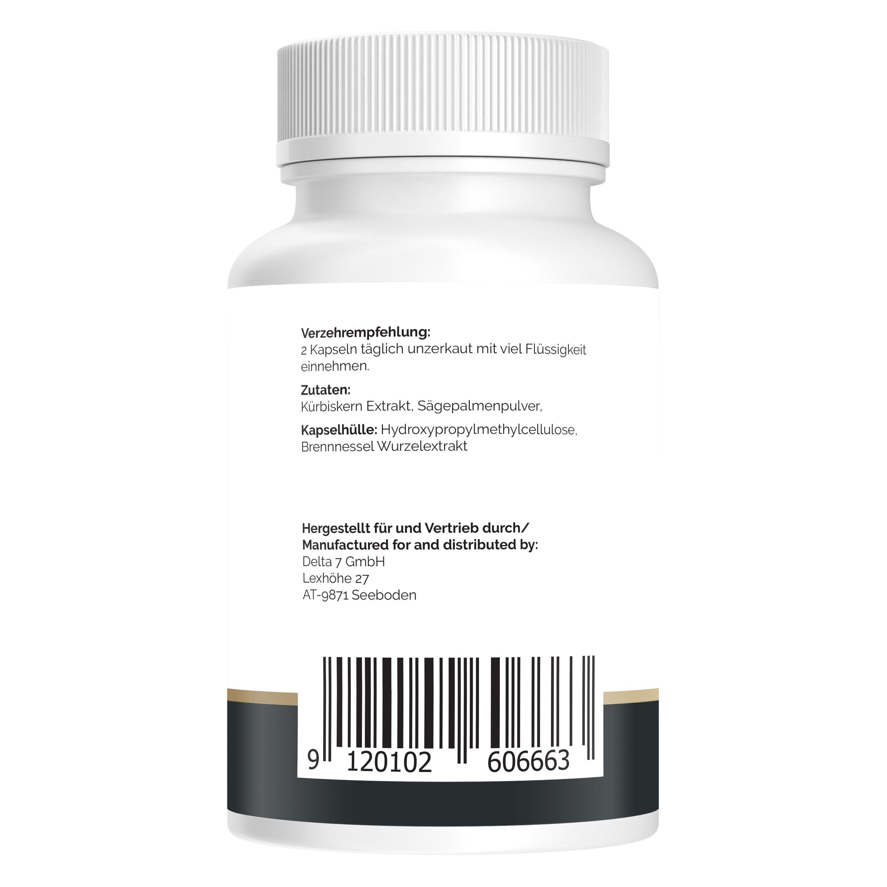 Rückseite einer weißen Pillenflasche. Text: Verzehrempfehlung, Zutaten, Herstellerinformationen, Barcode.