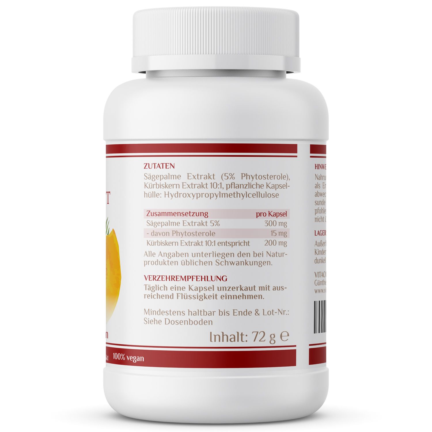 Rückseite einer weißen Kapsel-Dose mit rotem Streifen. Text: Zutaten, Zusammensetzung, Verzehrempfehlung, Inhalt 72 g, 100% vegan.