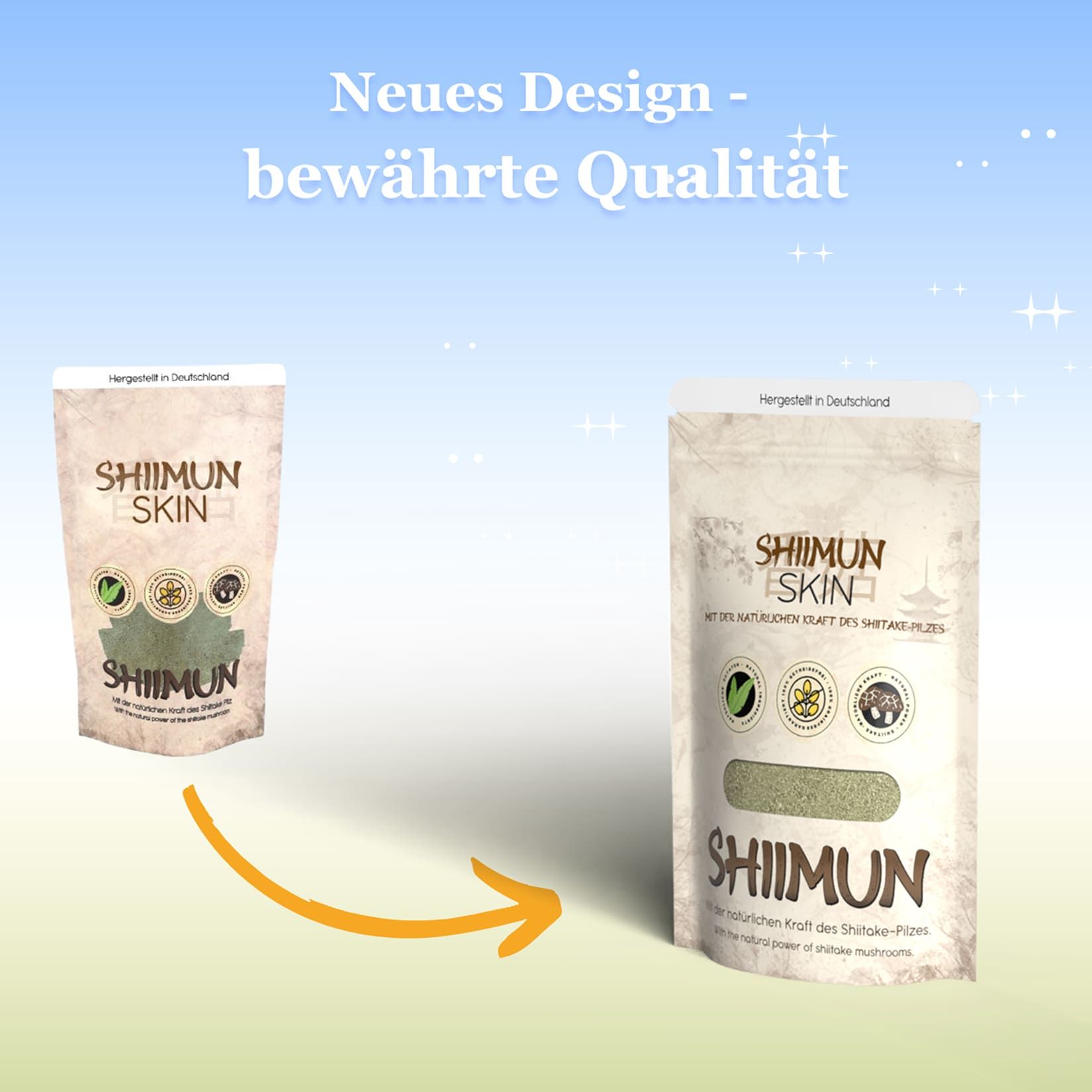 Zwei Beutel, einer mit Produktnamen und Logo, der andere mit Pfeil. Text: Shiimun Skin, Neues Design - bewährte Qualität.
