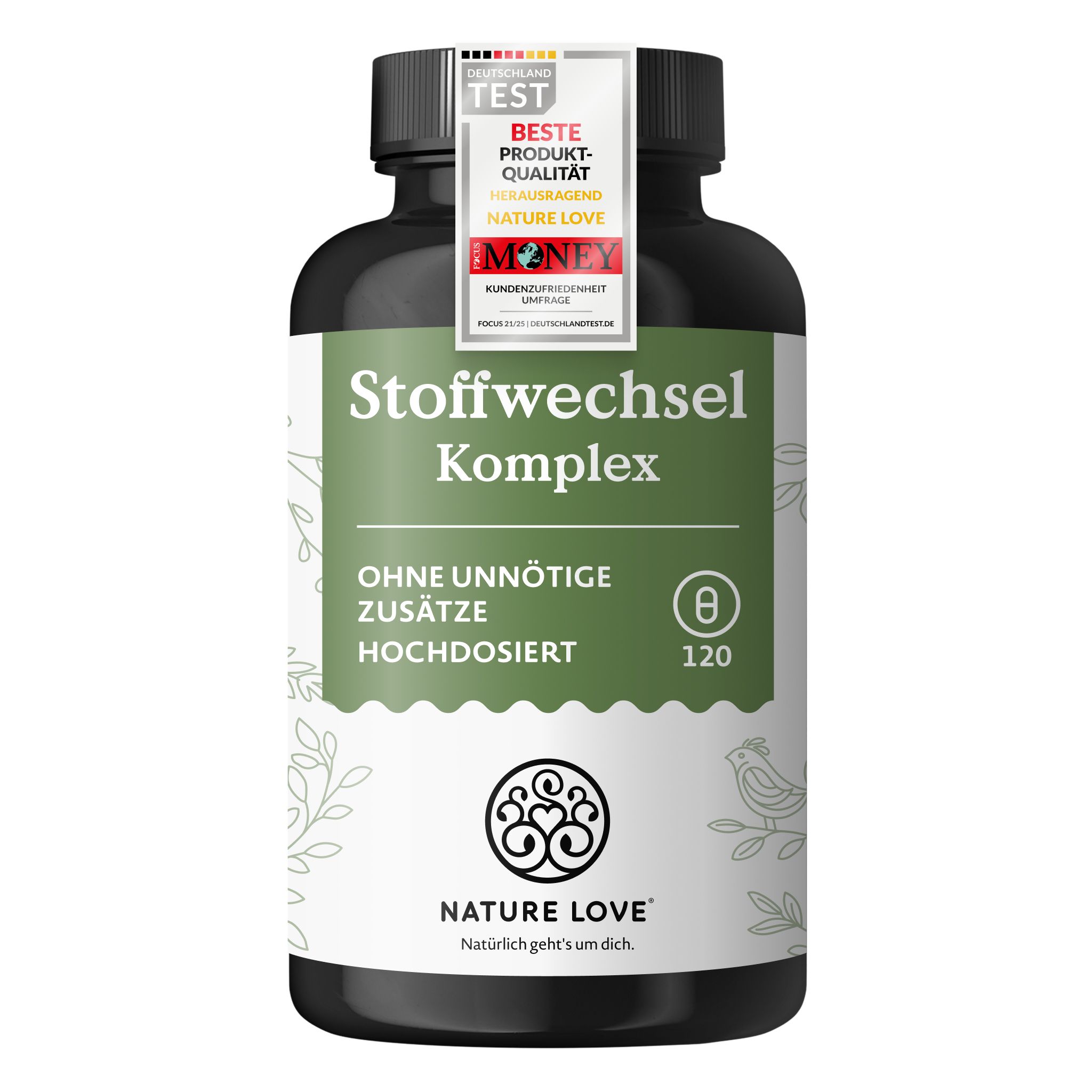 Flasche mit Stoffwechsel Komplex Kapseln, 120 Stück, Marke Nature Love.