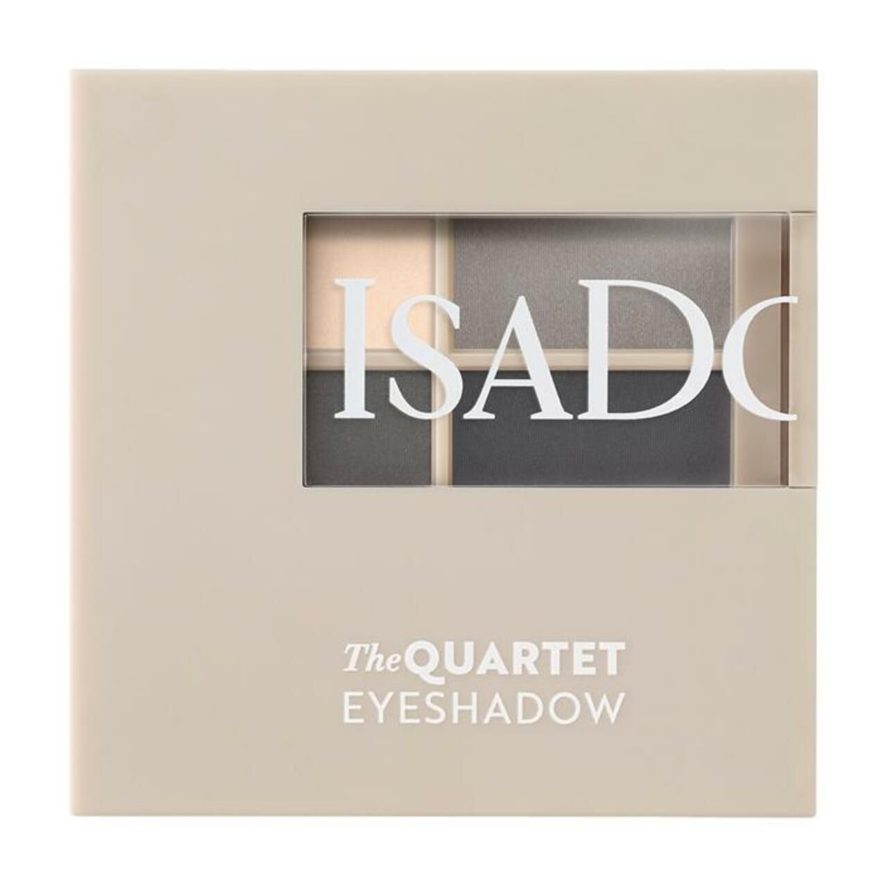 IsaDora The Eyeshadow Quartet. Geschlossene, beige Lidschatten-Palette. Vier Grautöne sichtbar durch Fenster. Produktname.