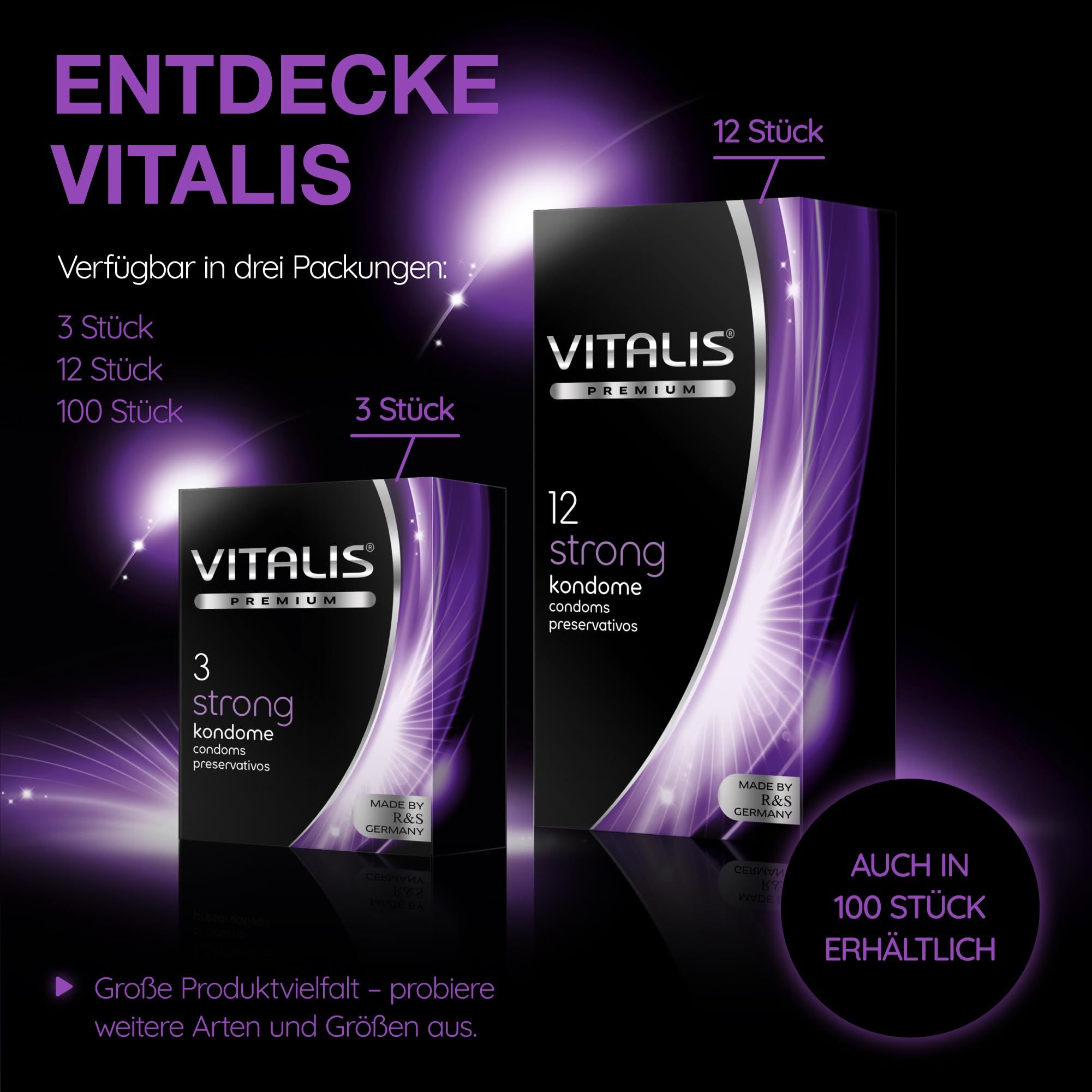 Vitalis Kondome: Erhältlich in Packungen zu 3, 12 und 100 Stück.