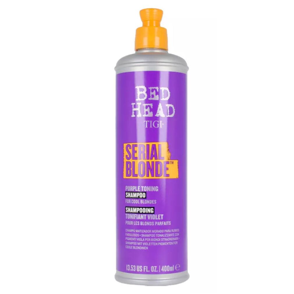 Violettes Shampoo von Bed Head Tigi. Flasche mit gelbem Deckel. Aufschrift: Serial Blonde, Purple Toning Shampoo.
