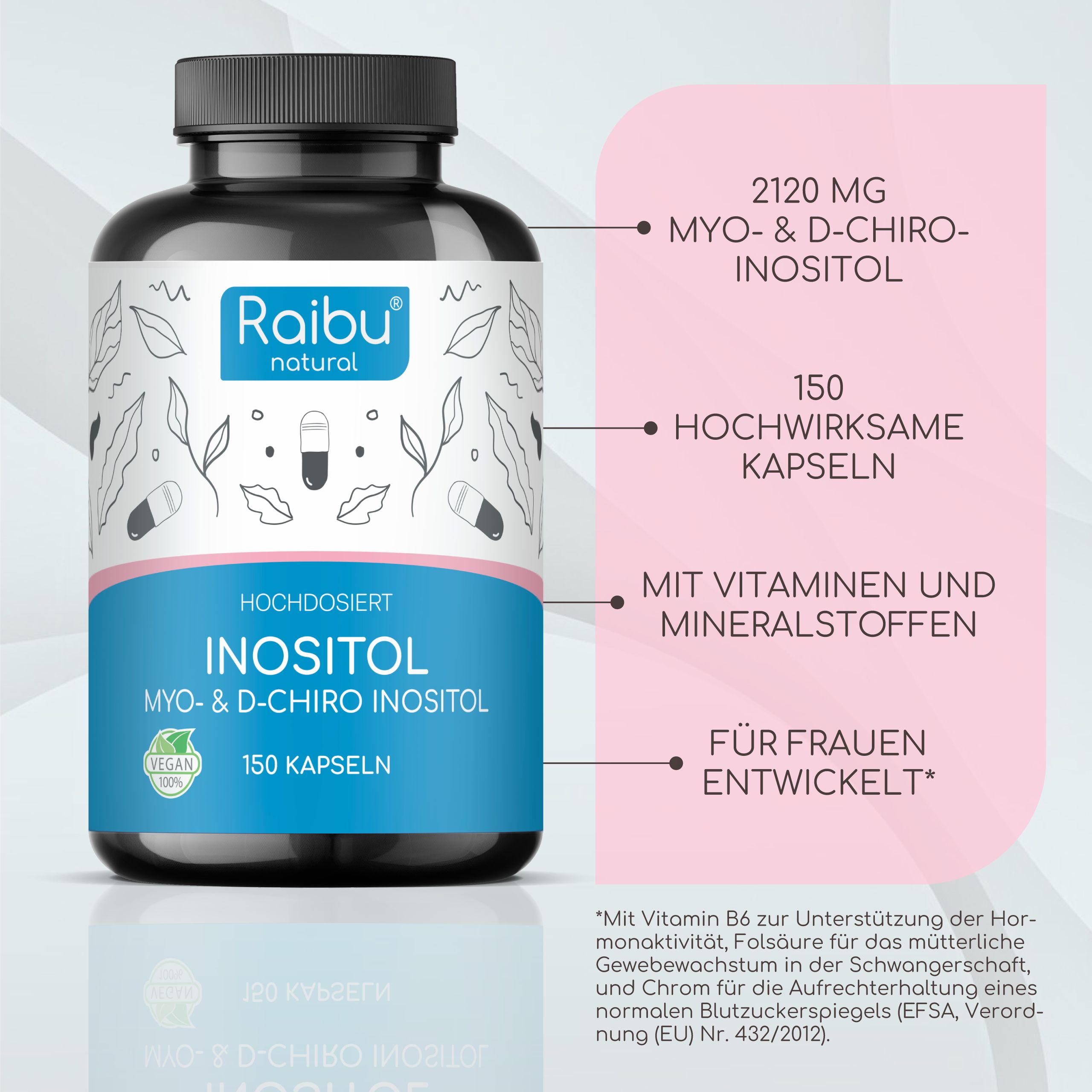 Schwarze Flasche mit Kapseln. Etikett mit "Raibu natural" und "Inositol". 150 Kapseln. Vegan. Text und Pfeile.