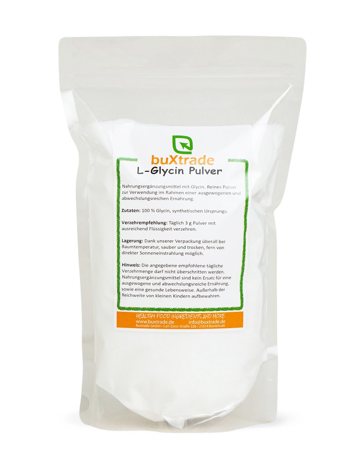 Buchs L-Glycin Pulver in einem wiederverschließbaren Beutel. Klare Pulverform.