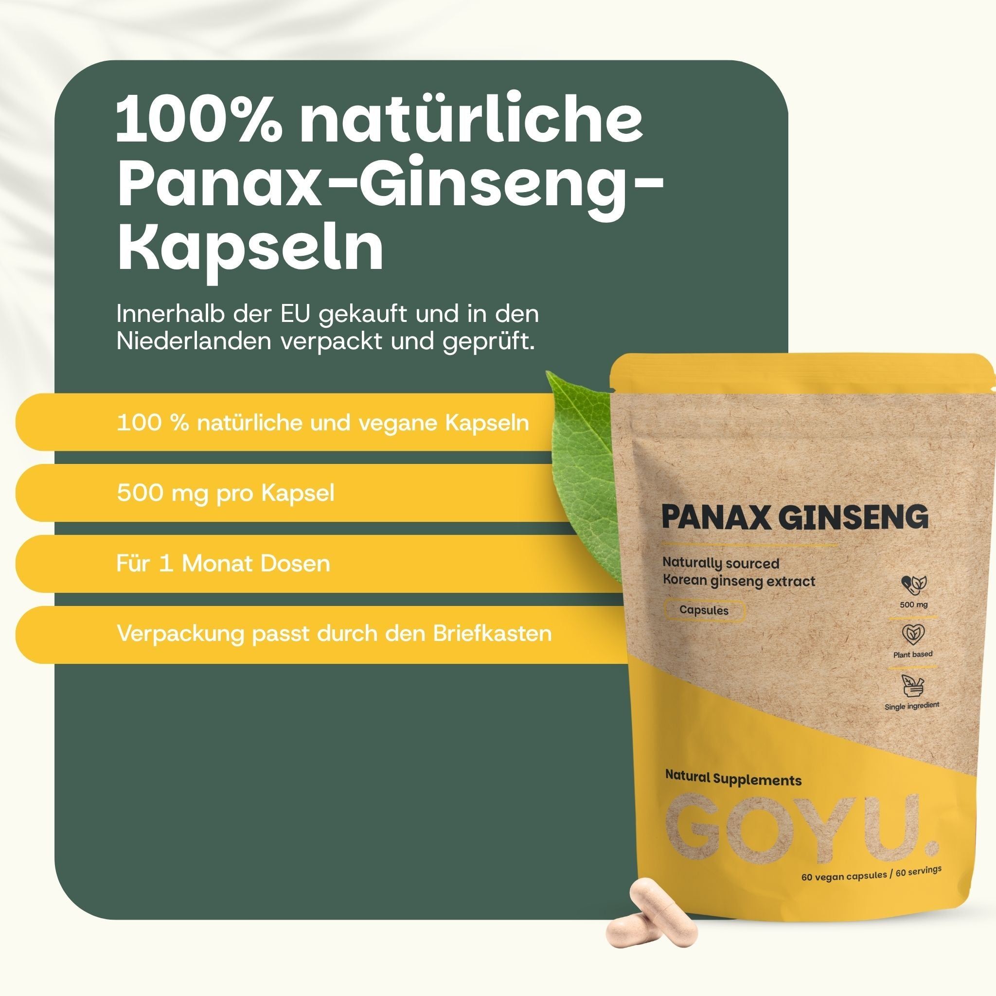Panax Ginseng Kapseln: Energie aus der Natur. 500 mg. Hergestellt aus hochwertigem Ginseng.