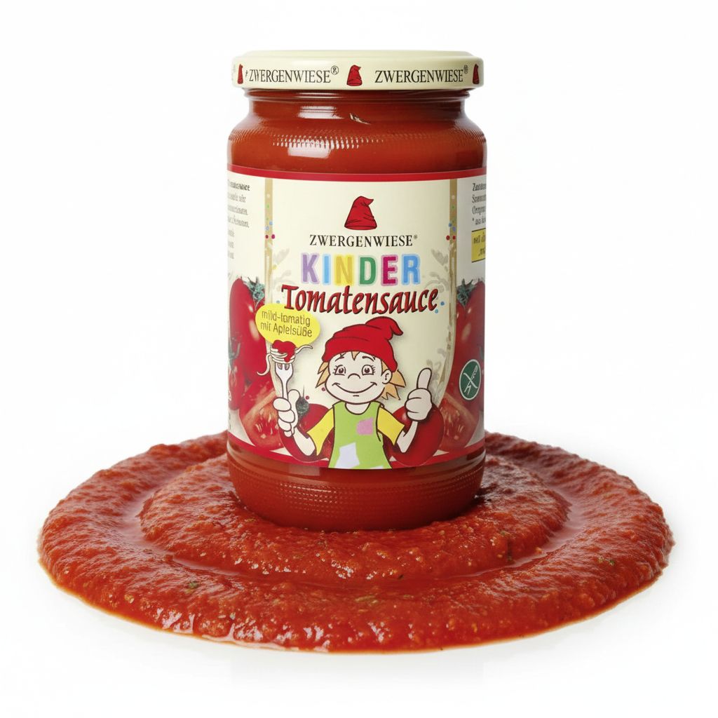Zwergenwiese Kinder Tomatensauce Glas auf einem Klecks Sauce.