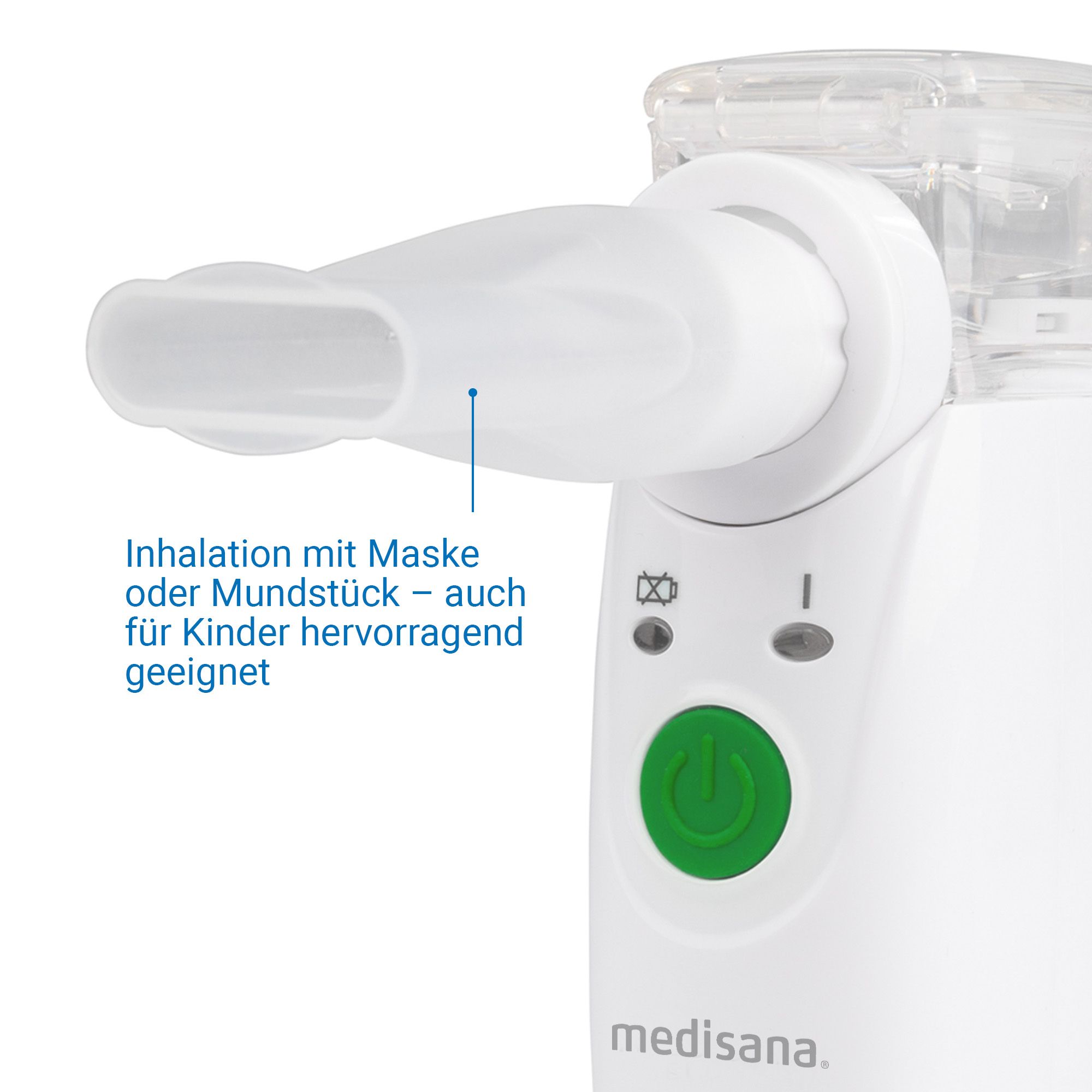 Nahaufnahme des Mundstücks eines weißen Ultraschall-Inhalators mit deutscher Beschriftung.