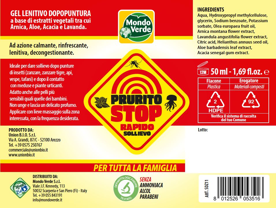 Etichetta con informazioni sul prodotto. Testo: PRURITO STOP, MONDO VERDE. Ingredienti, volume: 50 ml.