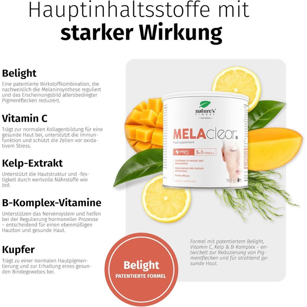 Produkt MELAclear mit Mango, Zitrone und Inhaltsstoffen. Text: Vitamin C, Kelp-Extrakt, B-Komplex-Vitamine, Kupfer.