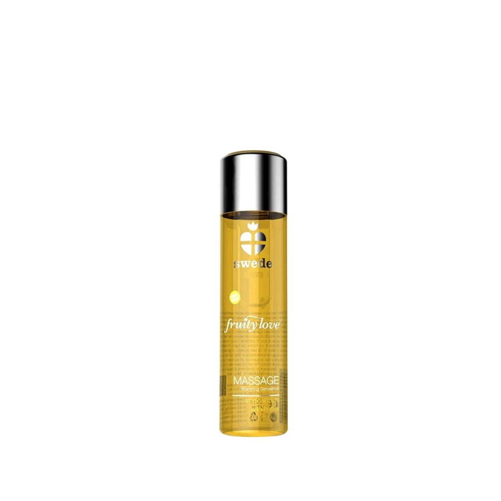 Zylindrische Flasche mit silbernem Deckel. Aufschrift: Swede, Fruity Love, Massage.
