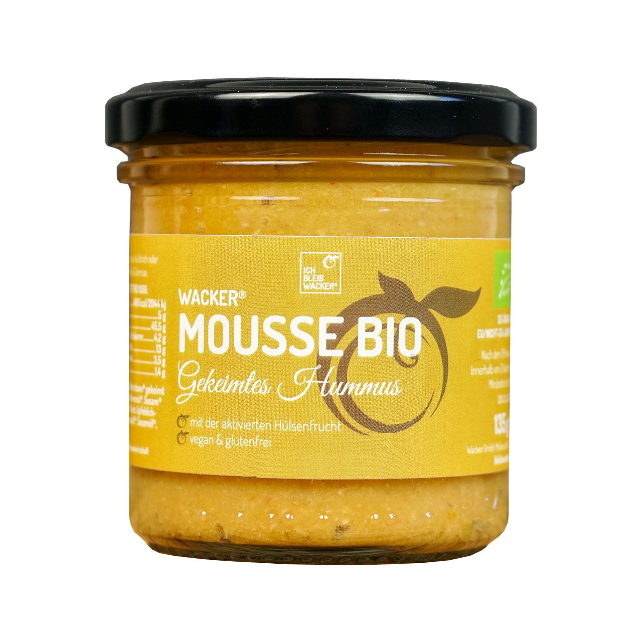 Glas mit Wacker Mousse Bio. Gelbe Aufschrift, schwarzer Deckel. Bio-Siegel.