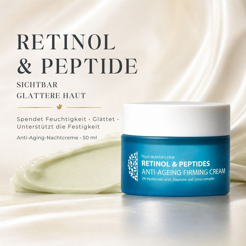 Blauer Tiegel mit Talia Heaven's Dew Retinol & Peptides Anti-Ageing Firming Cream. 50 ml.