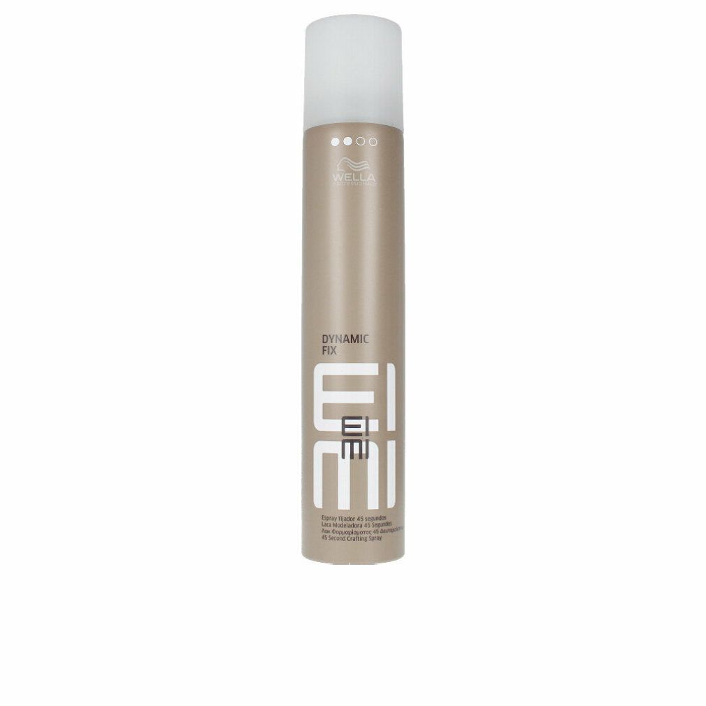 Zylindrische Dose mit weißem Deckel. Aufschrift: Dynamic Fix, EIMI, Wella. Beige-braune Farbe. Sprühflasche.