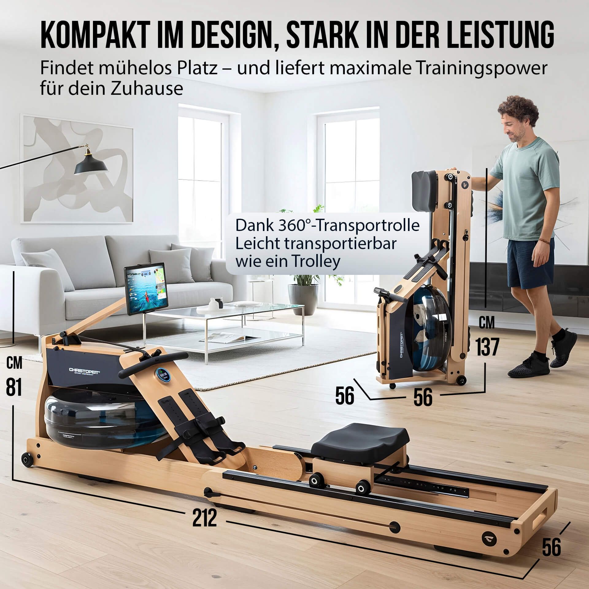 Holz-Wasserrudergerät im Wohnzimmer. Maße: 212 cm x 56 cm x 81 cm. Transportrollen. Text: Kompakt im Design, stark in der Leistung.