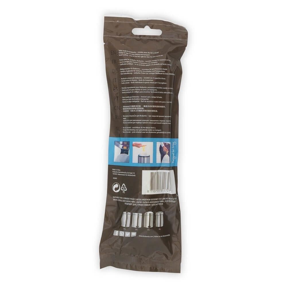 Verpackung mit Müllbeuteln. Braune Folie mit Produktinformationen und Barcode. Einige Beutel sind sichtbar.